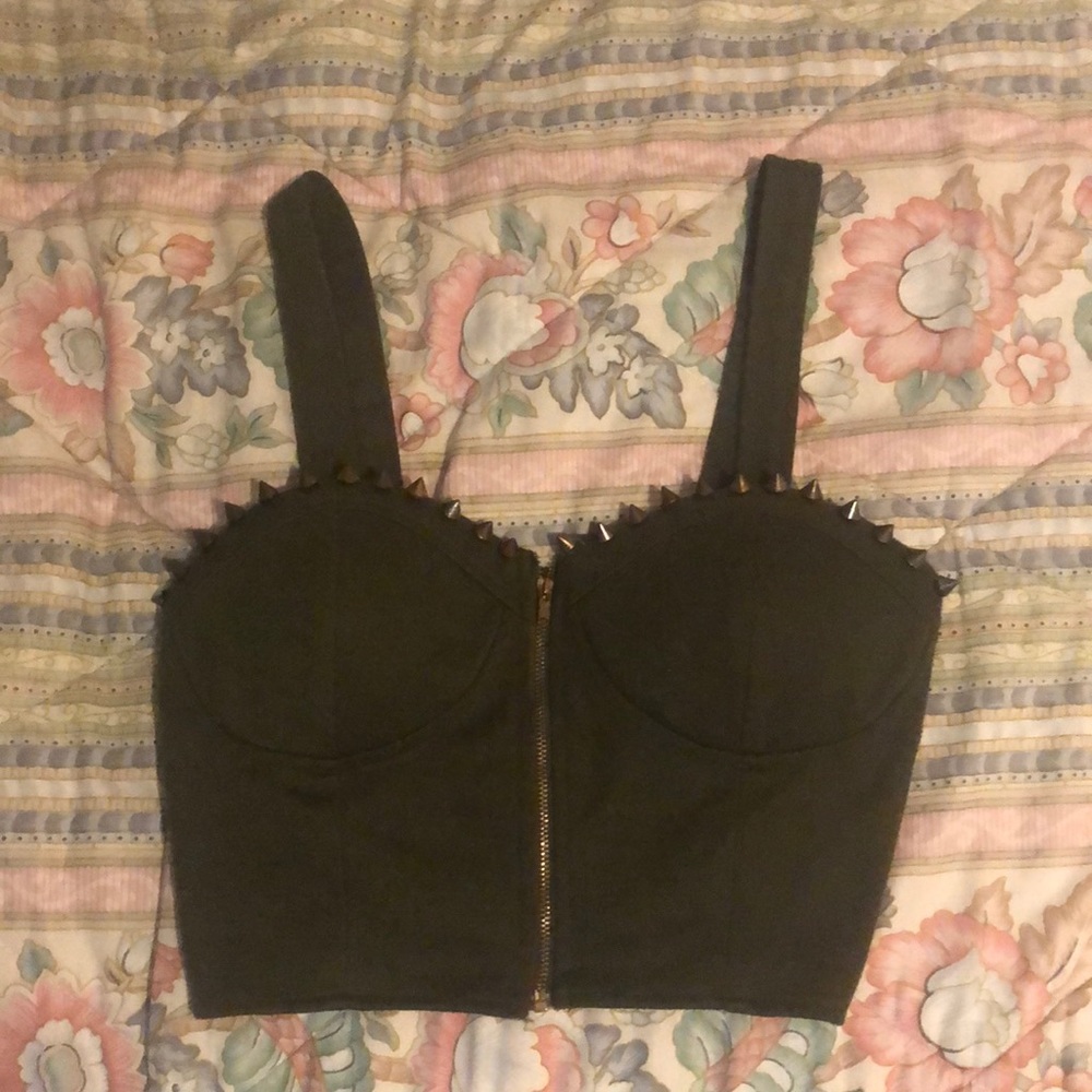 Army green halter top, with spikes and zipper down the middle.